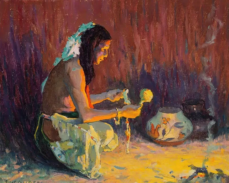 Индийский воин на коленях перед огнем by Эйнджер Ирвинг Кус, 1921 — digital art print download