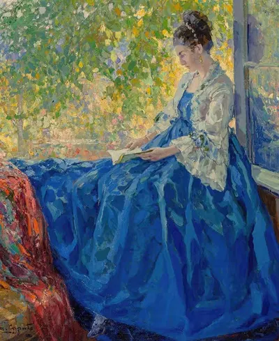 Молодая женщина читает у открытого окна by Улисс Капуто — digital art print download