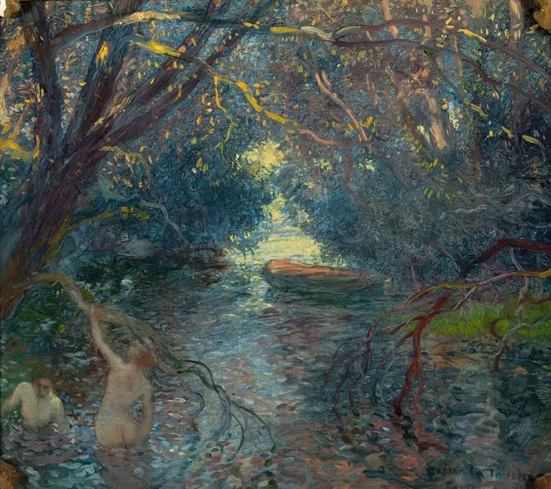Pond, Bathers, Canoe by Gaston La Touche — digital art print download