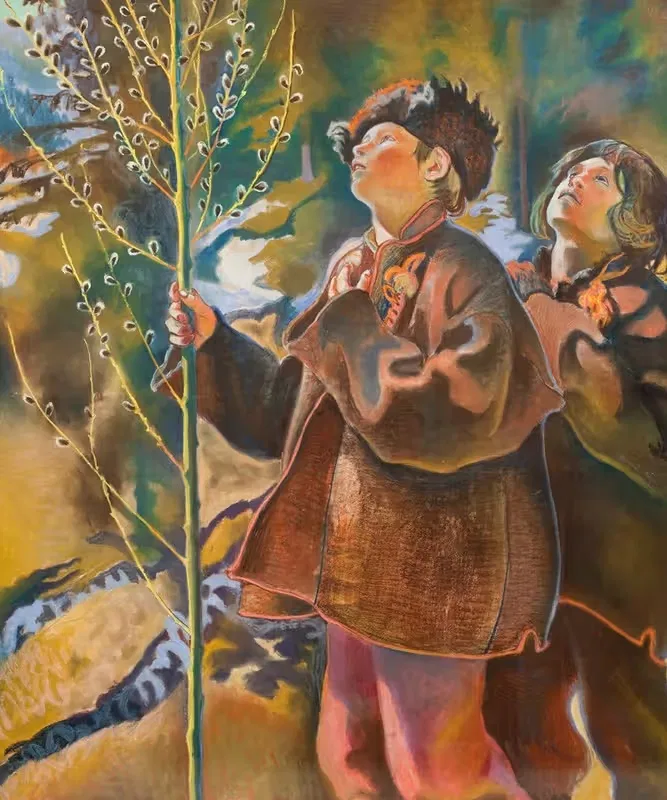 Palm Sunday – triptych. Hutsul boys with catkins — Kazimierz Sichulski
