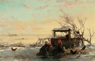 Winter Farm Scene by Henri Van Seben, 1881 — digital art print download