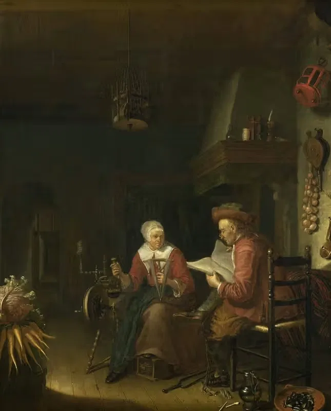 Interior with a man reading and a woman spinning yarn — Domenicus van Tol