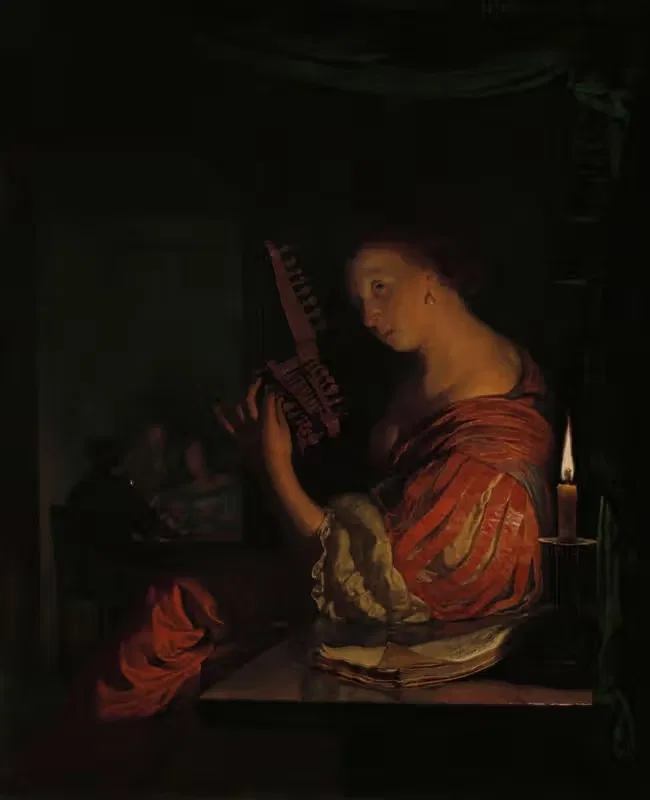 Женщина, настраивающая теорбу by Франс ван Мейрис Старший, 1665 — digital art print download