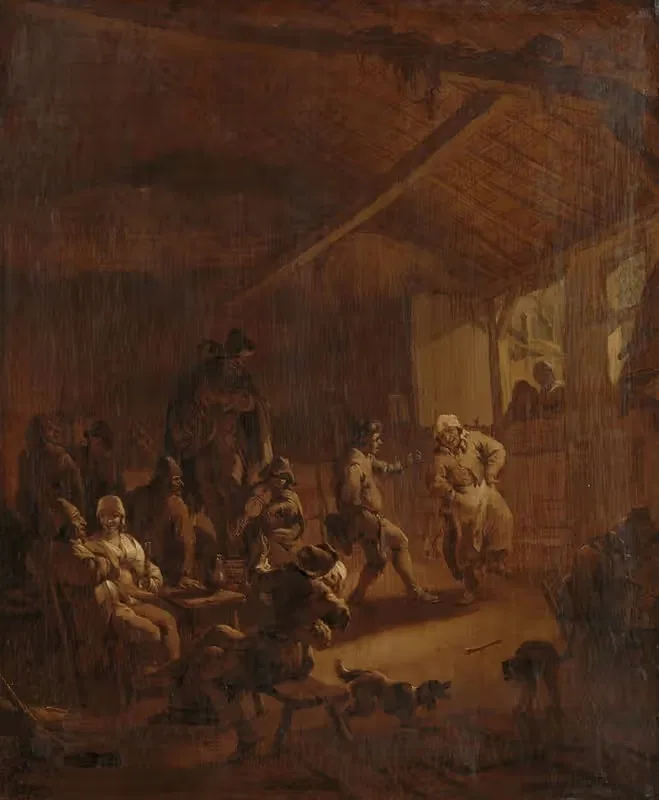 Peasants Dancing in a Barn by Nicolaes Pietersz. Berchem, 1655 - 1683 — digital art print download