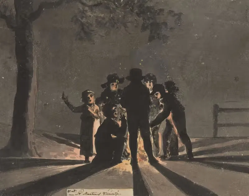 Children clustered around a Saint Martin’s bonfire — Christiaan Andriessen