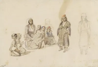 Studieblad met zittende vrouw en kinderen, te Dereköy in Turkije by Денис Огюст Мари Раффе, 1814 - 1860 — digital art print…