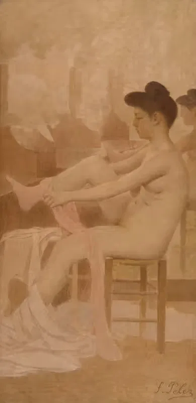 Danseuse dans sa loge enfilant un collant — Fernand Pelez