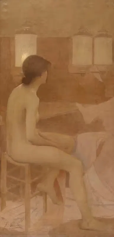 Danseuse dans sa loge, assise profil droit — Fernand Pelez