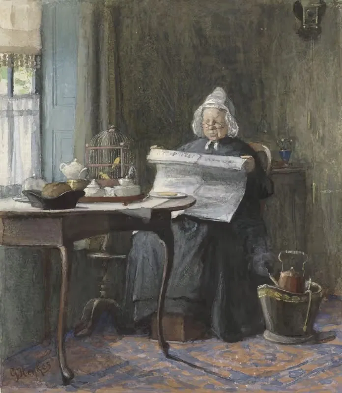Interieur met een vrouw die de krant leest — Gerke Henkes