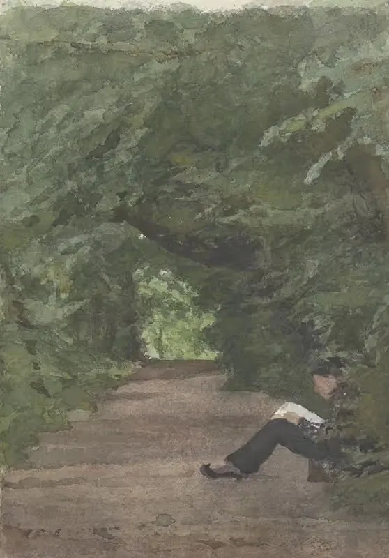 Читающий человек в лесной аллее by Ян Вет, 1874 - 1925 — digital art print download