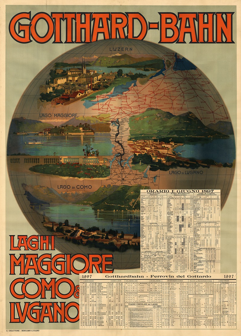Gotthard-Bahn, Laghi Maggiore, Como e Lugano by Gabriele Chiattone, 1897 — digital art print download