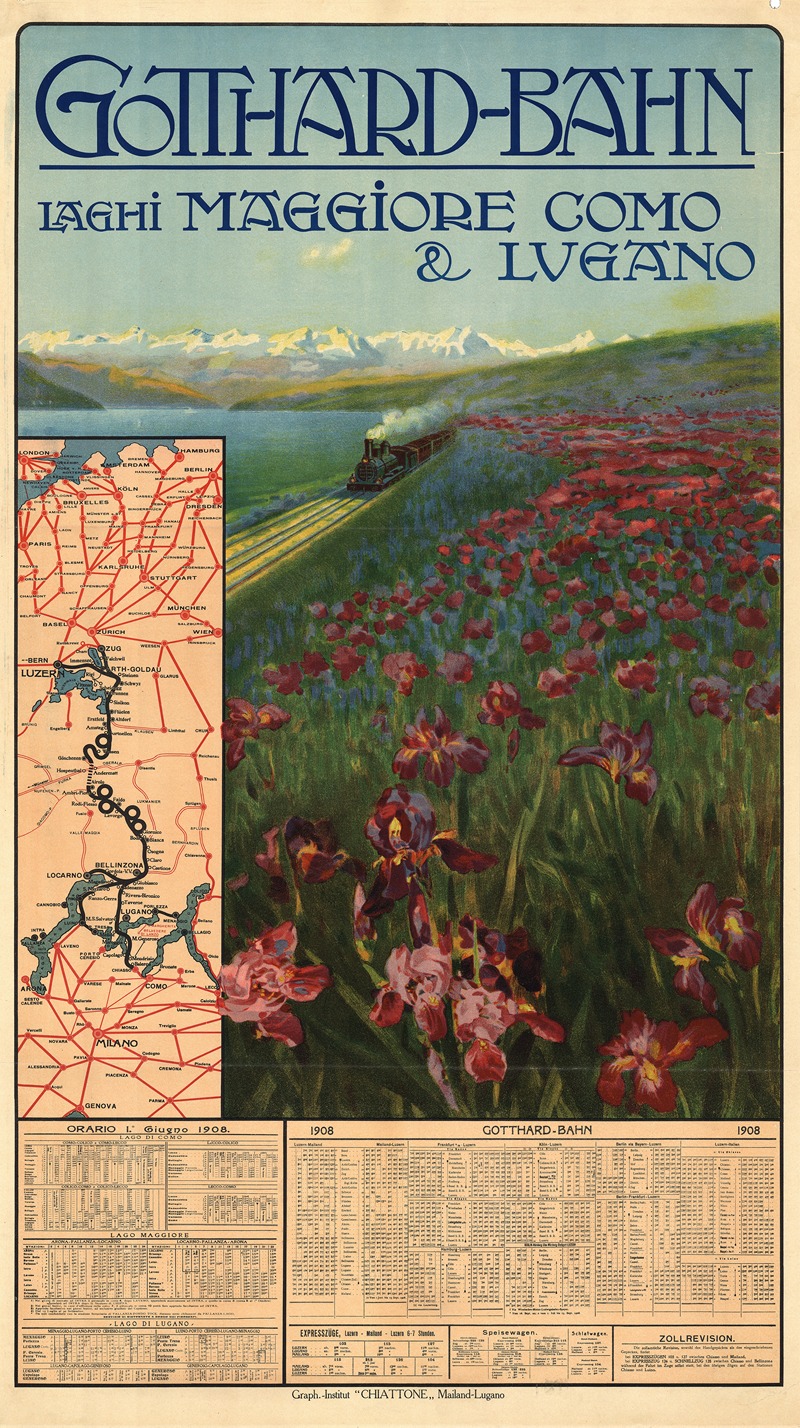 Gotthard-Bahn, Laghi Maggiore, Como e Lugano by Gabriele Chiattone, 1908 — digital art print download