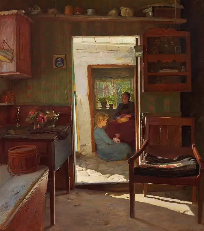 Маленькая девочка и ее бабушка в дверном проеме by Густав Вермерен, 1916 — digital art print download