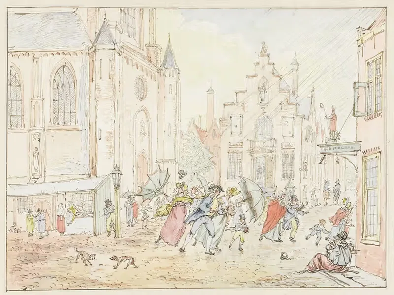 Plein met mensen in de regen — Pieter Bartholomeusz. Barbiers