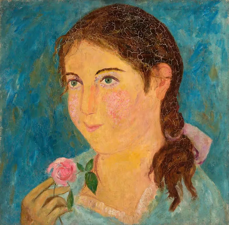 Girl holding a rose in her hand — Tadeusz Makowski