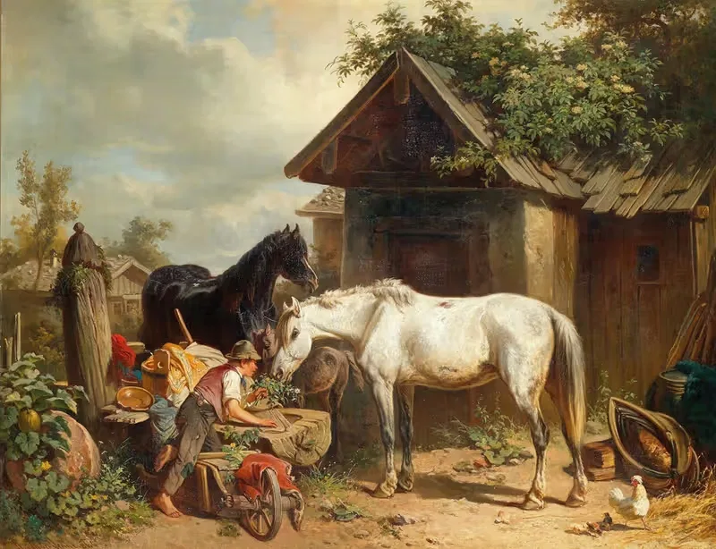 Лошади на ферме by Адольф ван дер Венне, 1866 — digital art print download
