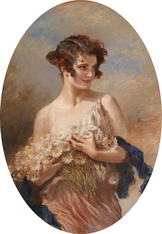 Dame mit Margeritenstrauß by Leopold Schmutzler — digital art print download