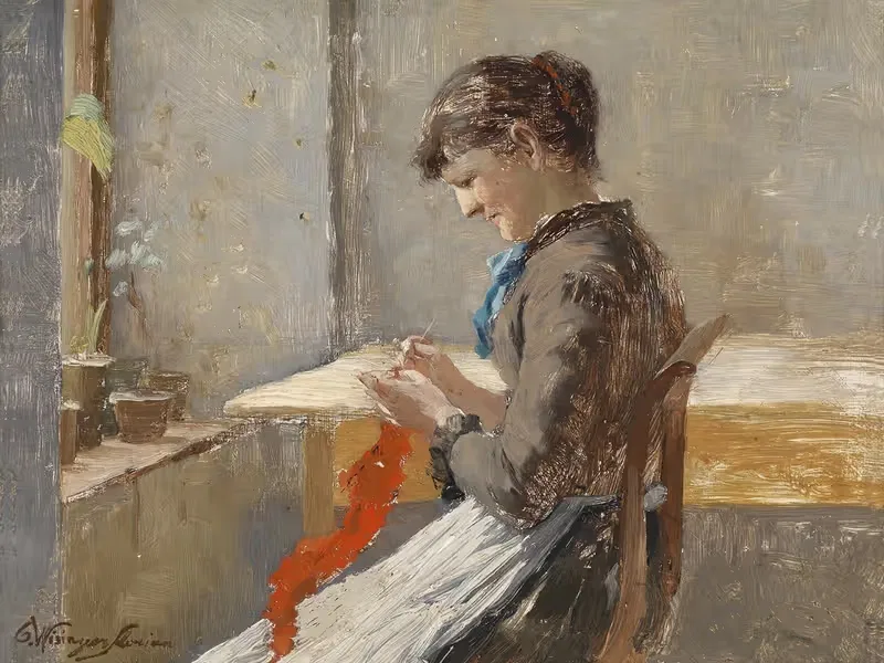 Strickende Frau am Fenster — Olga Wisinger-Florian