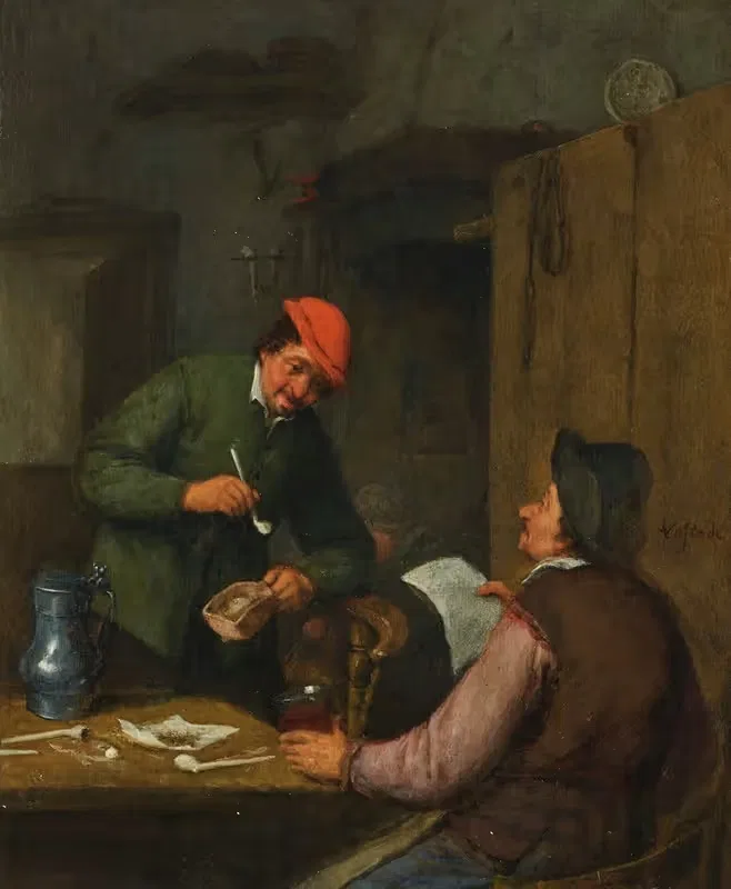Two peasants smoking, drinking and reading at an inn — Adriaen van Ostade