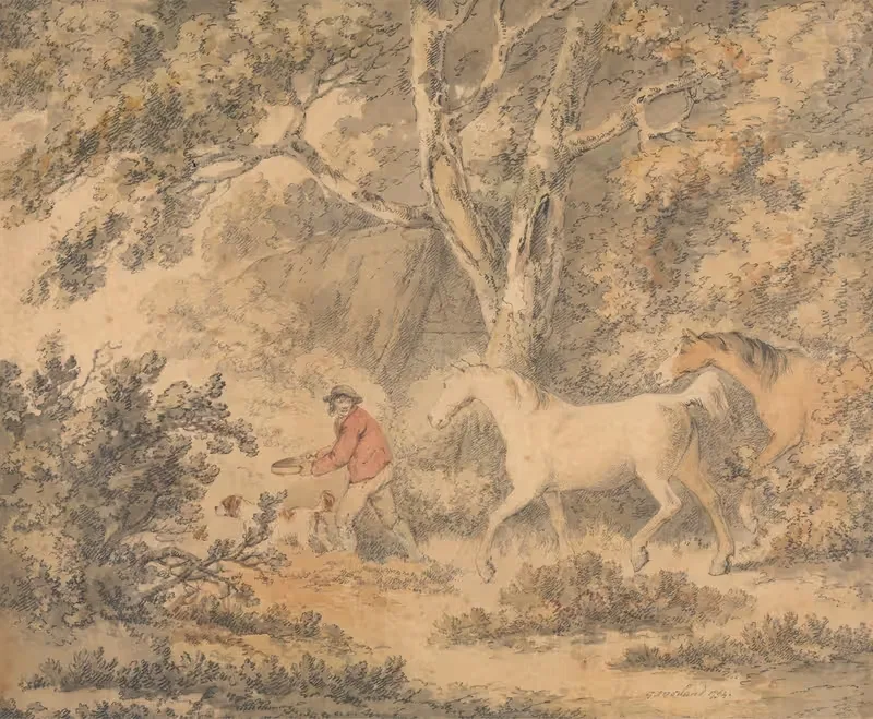 Landscape with Horses, Farmer and Dog — George Morland