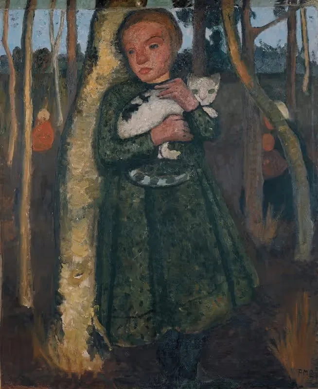 Girl in a birch forest with cat — Paula Modersohn-Becker