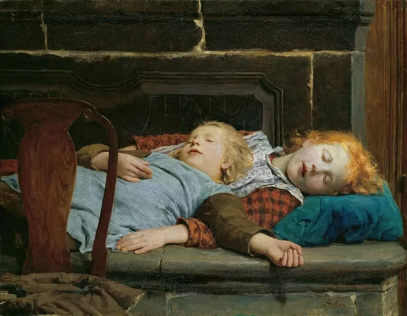 Two sleeping girls on the stove bench — Albert Anker