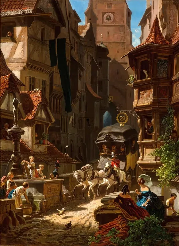 The arrival of the stagecoach — Carl Spitzweg