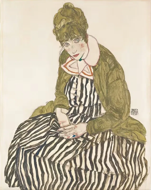 Эдит в полосатом платье, сидящая by Эгон Шиле, 1915 — digital art print download