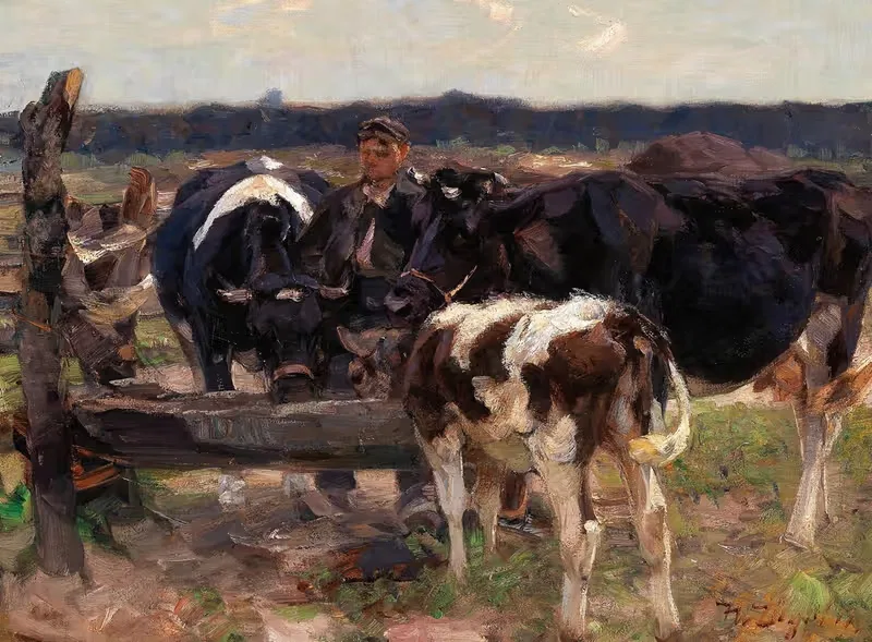 A Shepherd with Cows near a Watering Place — Heinrich Von Zügel