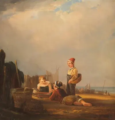 Молодой рыбак играет с уловом by Рудольф Йордан, 1845 — digital art print download