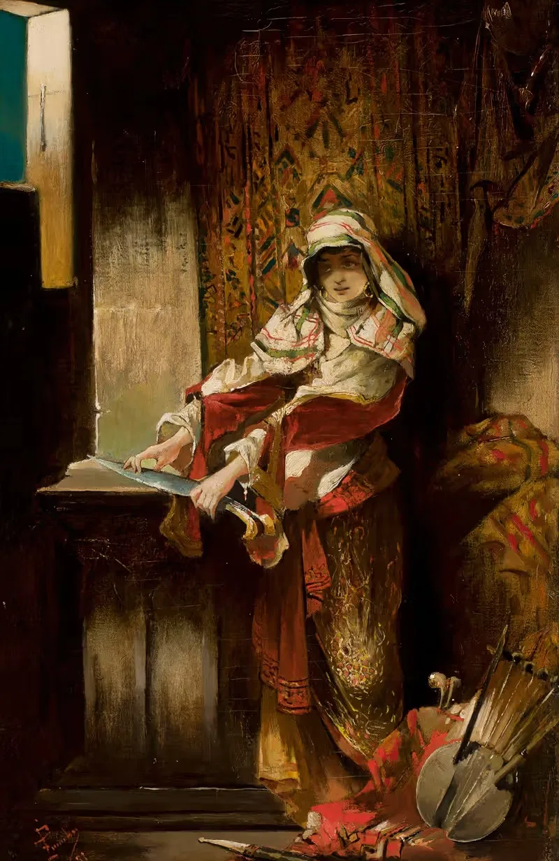 Mauritanian woman sharpening a yatagan — Franciszek Żmurko