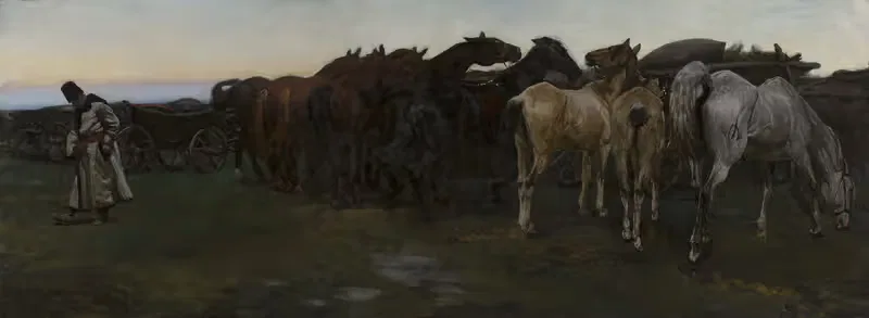 Horses at rest by Jozef Chelmonski, 1879 — digital art print download