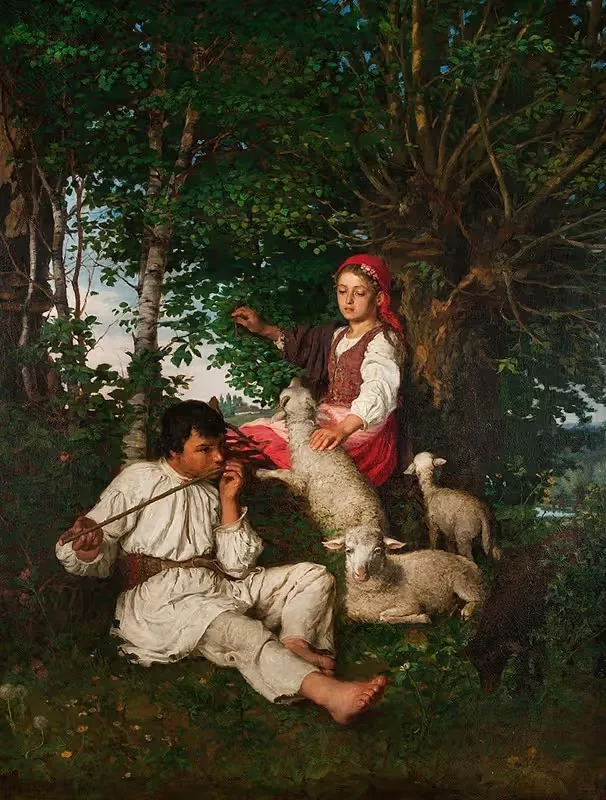 Pair of shepherds in the forest – Idyll — Kazimierz Pochwalski