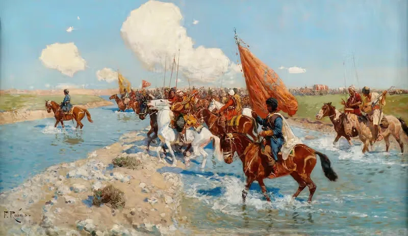 Черкесские всадники пересекают реку by Франц Рубо — digital art print download