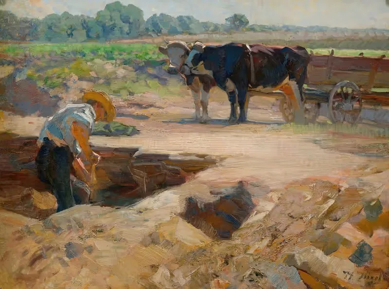 A peat digger with a team of oxen — Heinrich Von Zügel