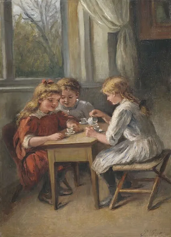 Kaffeeklatsch. Drei Mädchen beim Kinderkaffee — Pietronella Peters