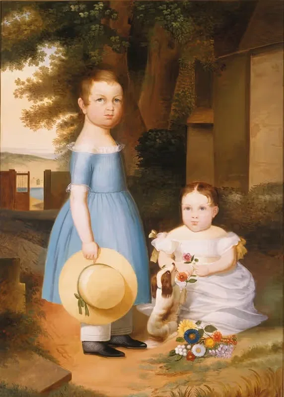 Two Sisters with Puppy and Flowers — Arthur Armstrong