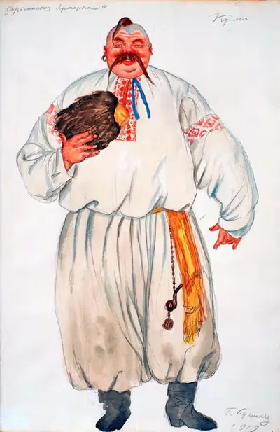 Эскиз костюма для Кум из "Ярмарки в Сорочинцах" Модеста Мусоргского by Борис Кустодиев, 1919 — digital art print download