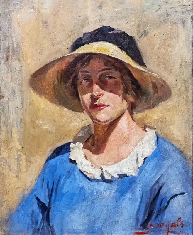 Self-portrait with a straw hat by Luce Boyals — digital art print download