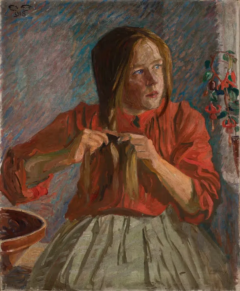 Девочка, плетающая косу by Людвик Миски, 1916 — digital art print download