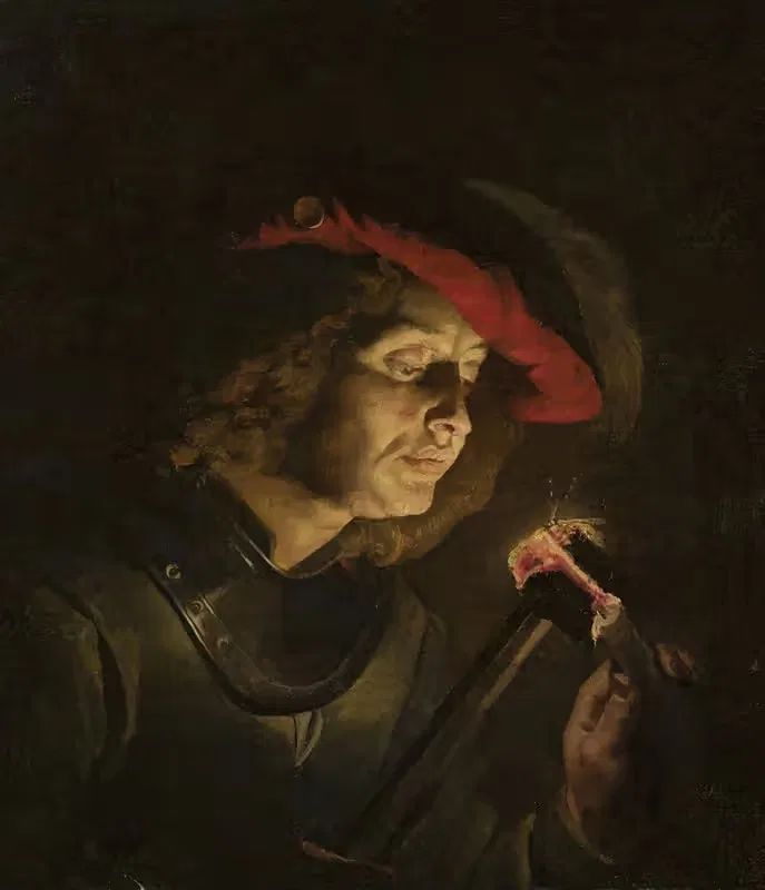 Soldier lighting a candle by Matthias Stom — digital art print download