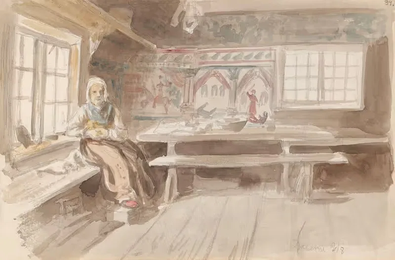 Interiør med sittende kvinne, Dalarna — Adolph Tidemand