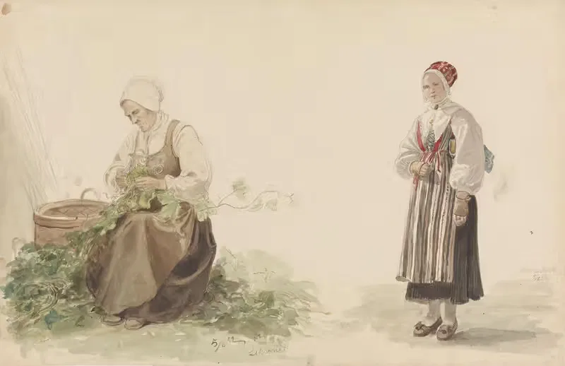 Kone som plukker ekeblader og Kari Andersdatter by Adolph Tidemand, 1852 — digital art print download