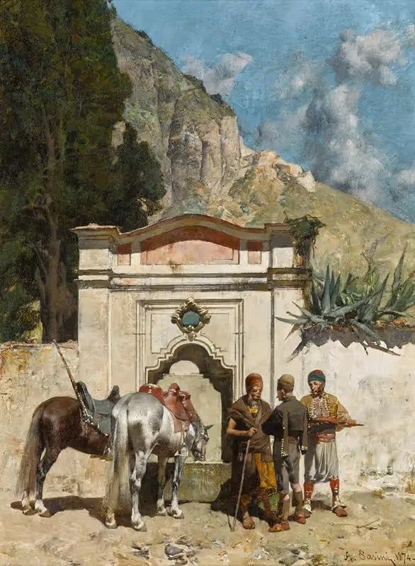 Поение лошадей by Альберто Пазини, 1874 — digital art print download