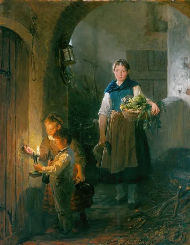 Küchenmagd mit Kindern im Vorratskeller — Felix Schlesinger