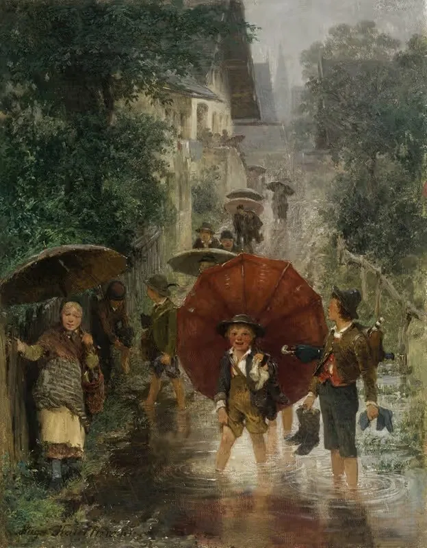 После школы (Дети под дождем) by Хьюго Кауфманн, 1874 — digital art print download