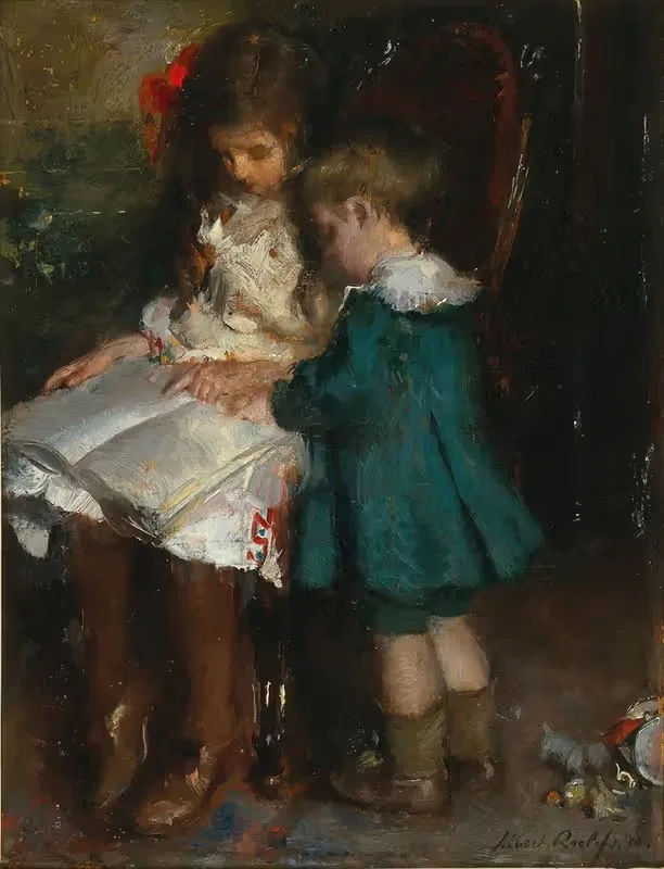 Урок чтения, двое братьев и сестер by Альберт Роэлофс, 1910 — digital art print download