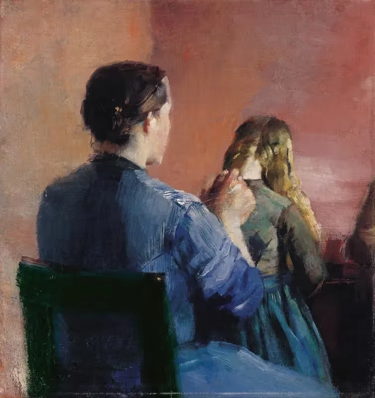 A mother plainting her little daughter's hair — Christian Krohg