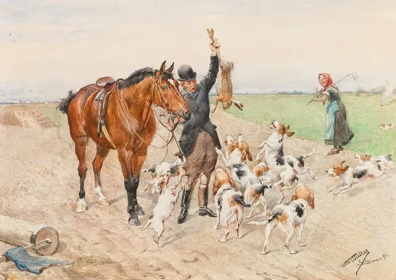 A rider with a dog pack on a field — Ottokar Walter