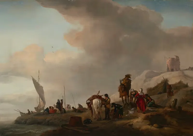 Fisherfolk unloading their catch on the seashore — Philips Wouwerman